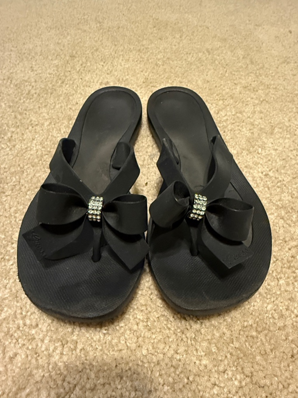 G by Guess Black Bow Rhinestone Thong Sandals - Women